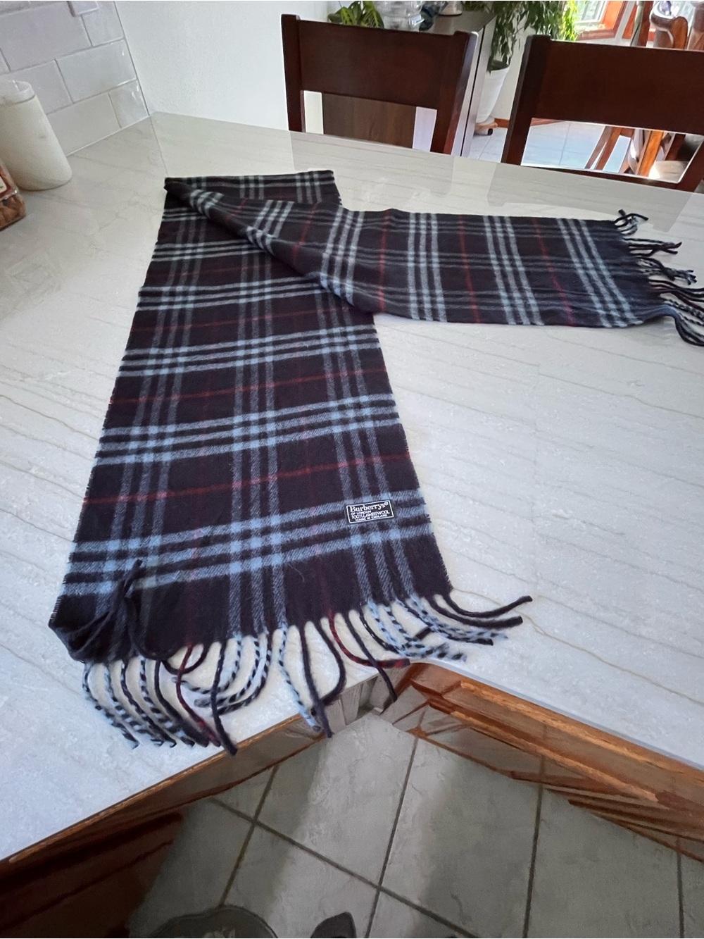 Burberry Black Plaid Scarf with Gray and Red Accents